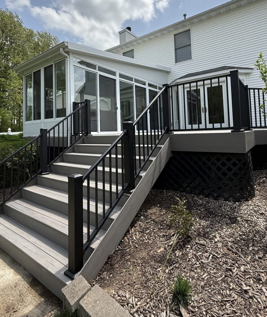 Completed custom deck by Custom Deck Builder Services in St. Charles, featuring unique design elements