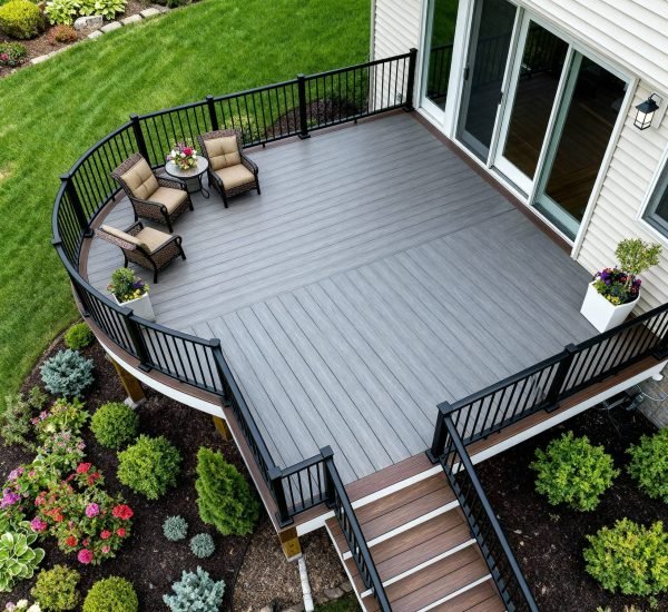 Detailed custom deck design blueprint being reviewed by a client in St. Peters, MO